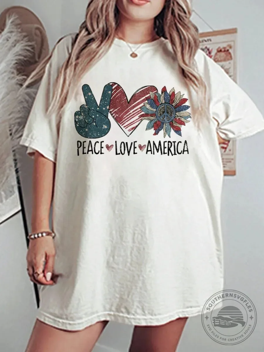 Peace Love America Vintage Distressed Flag Graphic Oversized T-Shirt