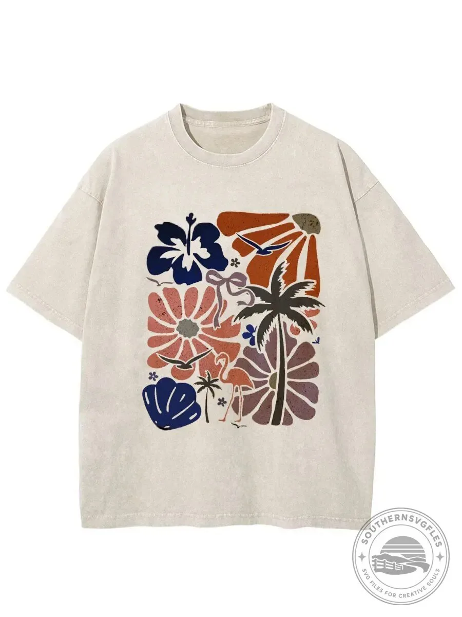 Vintage Beach Flowers and Palm Tree Graphic Washed T-Shirt for Women