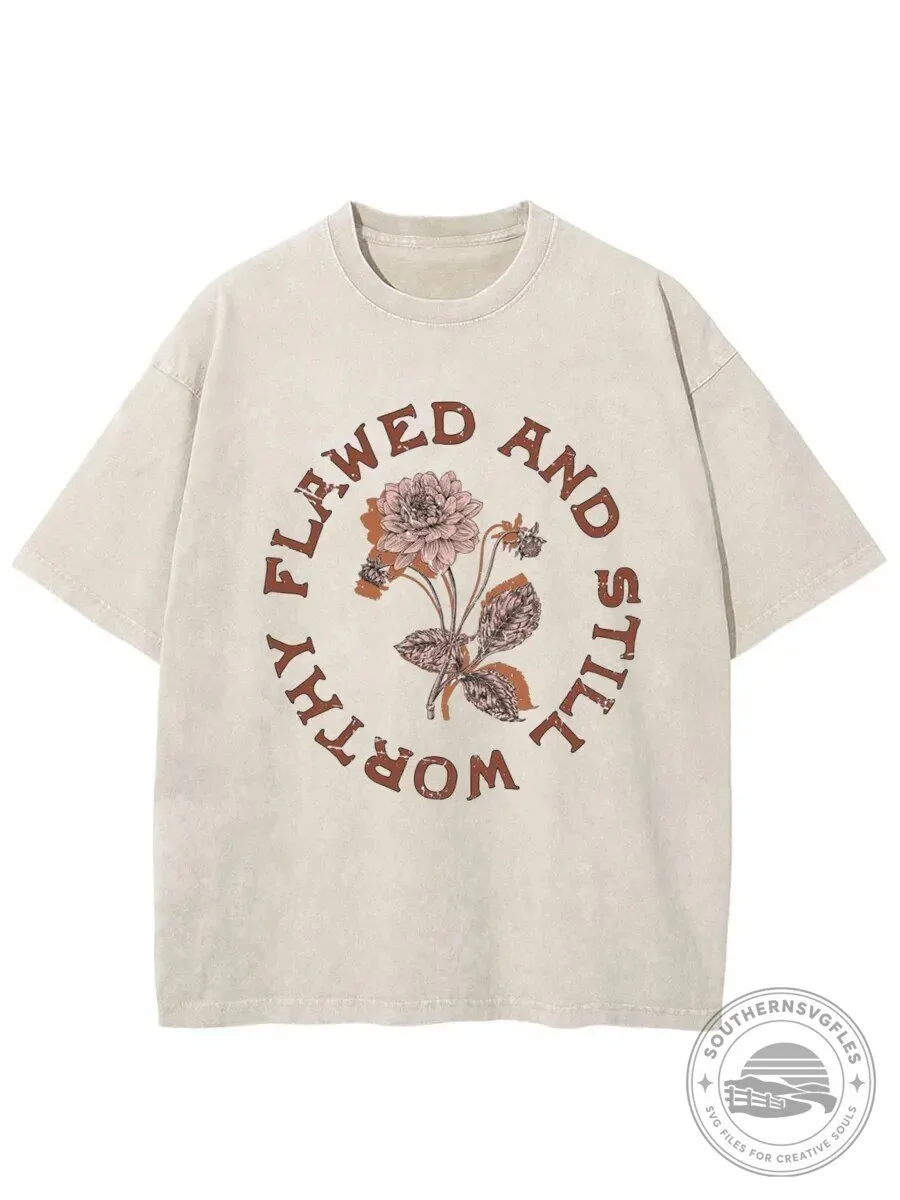 Flawed And Still Worthy Floral Graphic Washed Short Sleeve T-Shirt