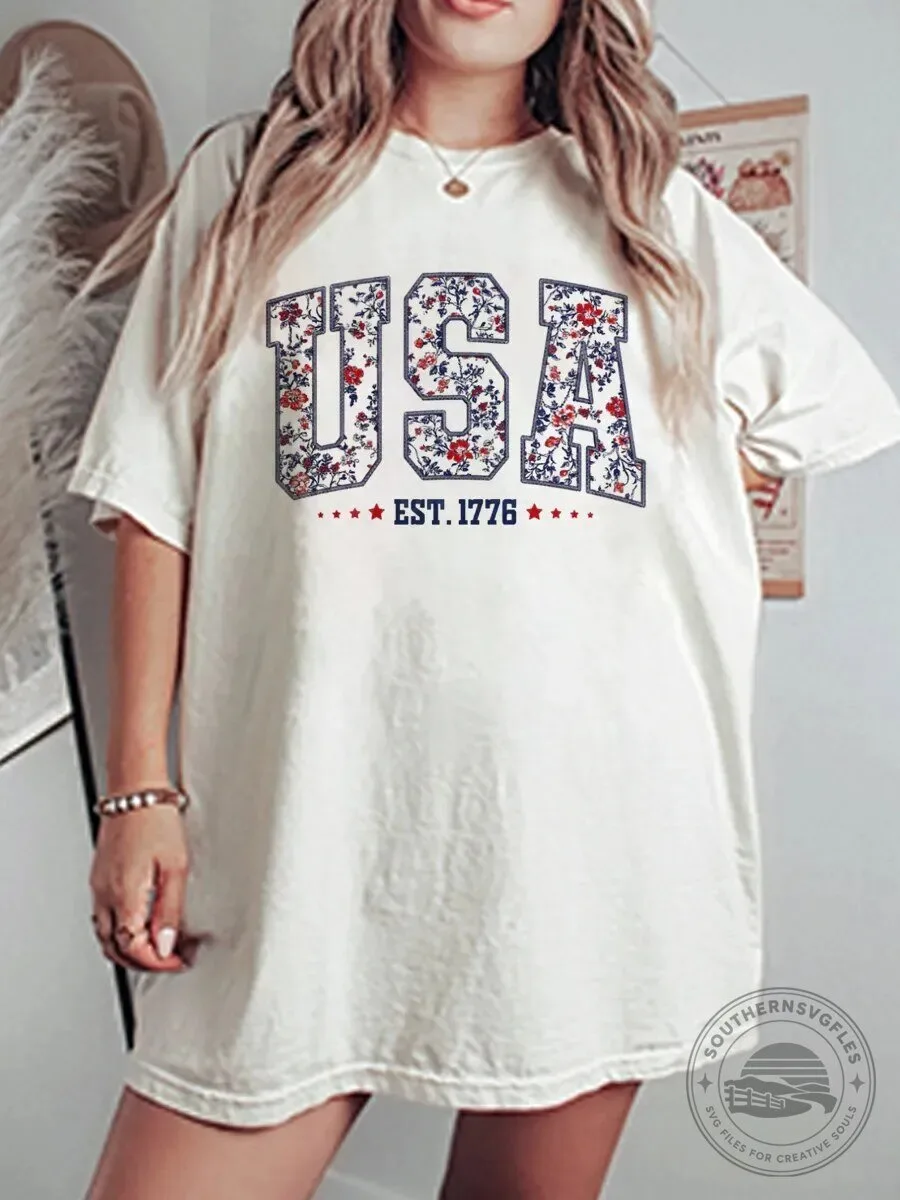 Vintage Floral United States of America Est. 1776 Oversized Graphic T-Shirt