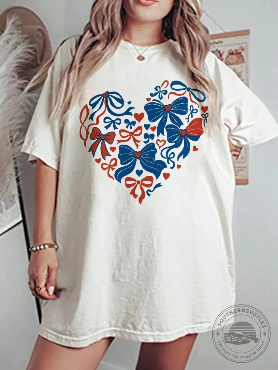 Vintage Independence Day Heart Bows Graphic Design Oversized T-Shirt