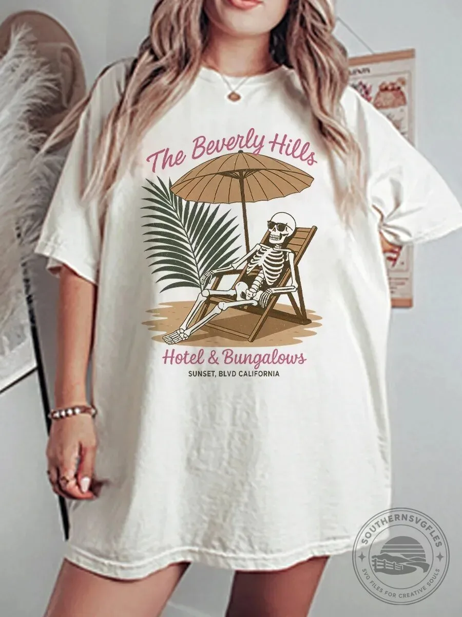 The Beverly Hills Hotel and Bungalows Skeleton Relaxing Graphic T-Shirt