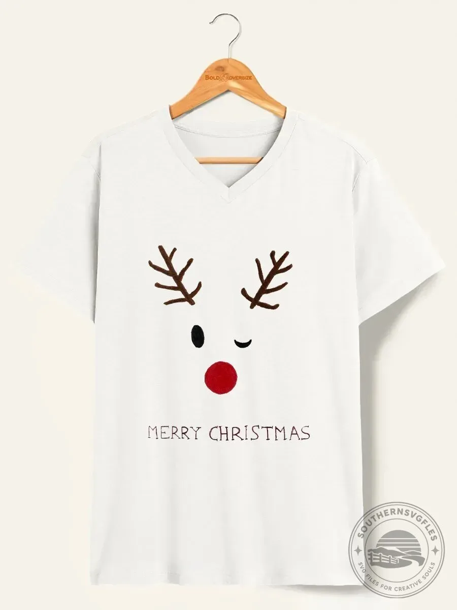 Cute Reindeer Face Merry Christmas White V-Neck T-Shirt