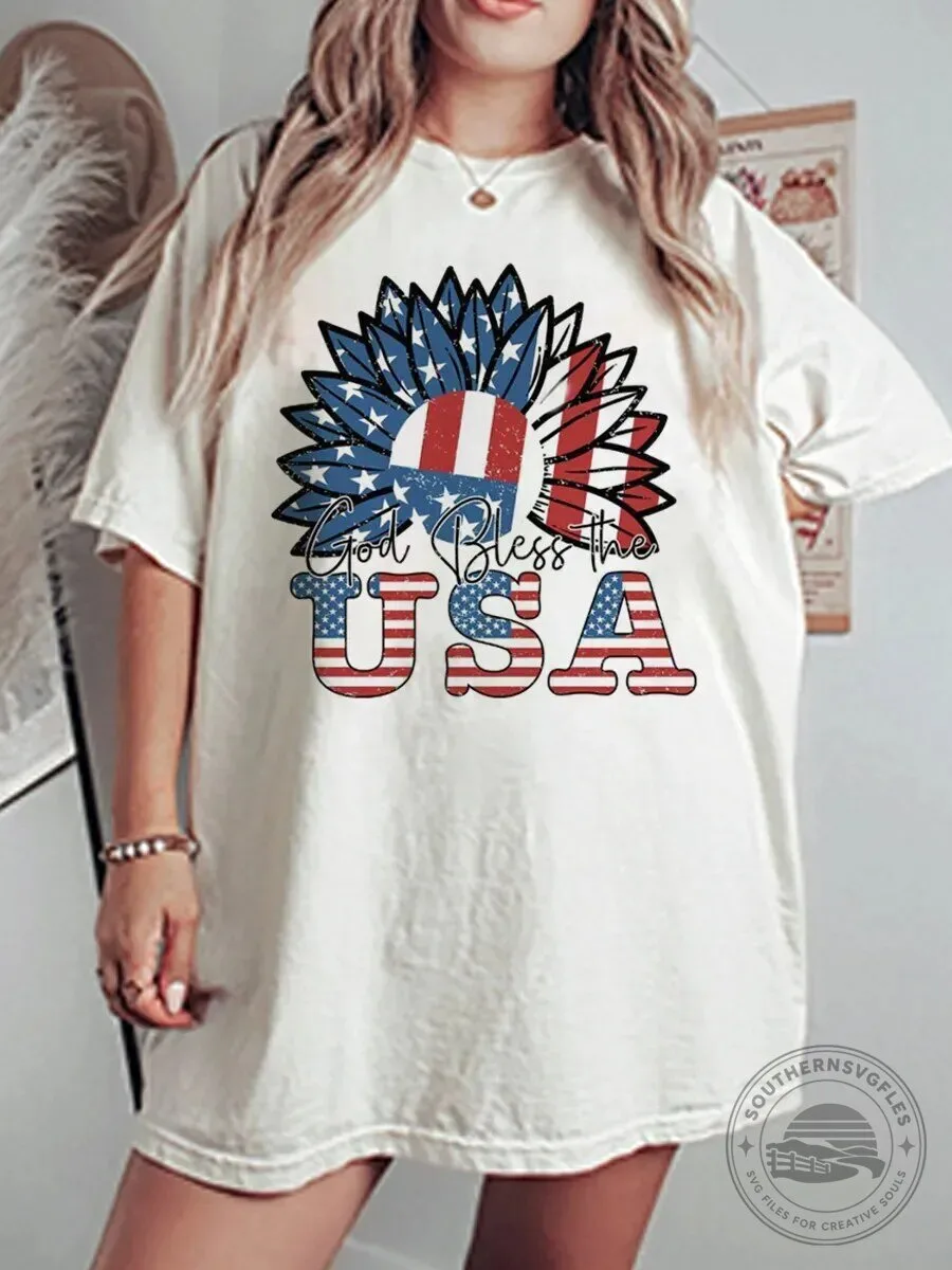 God Bless The USA American Flag Sunflower Graphic T-Shirt