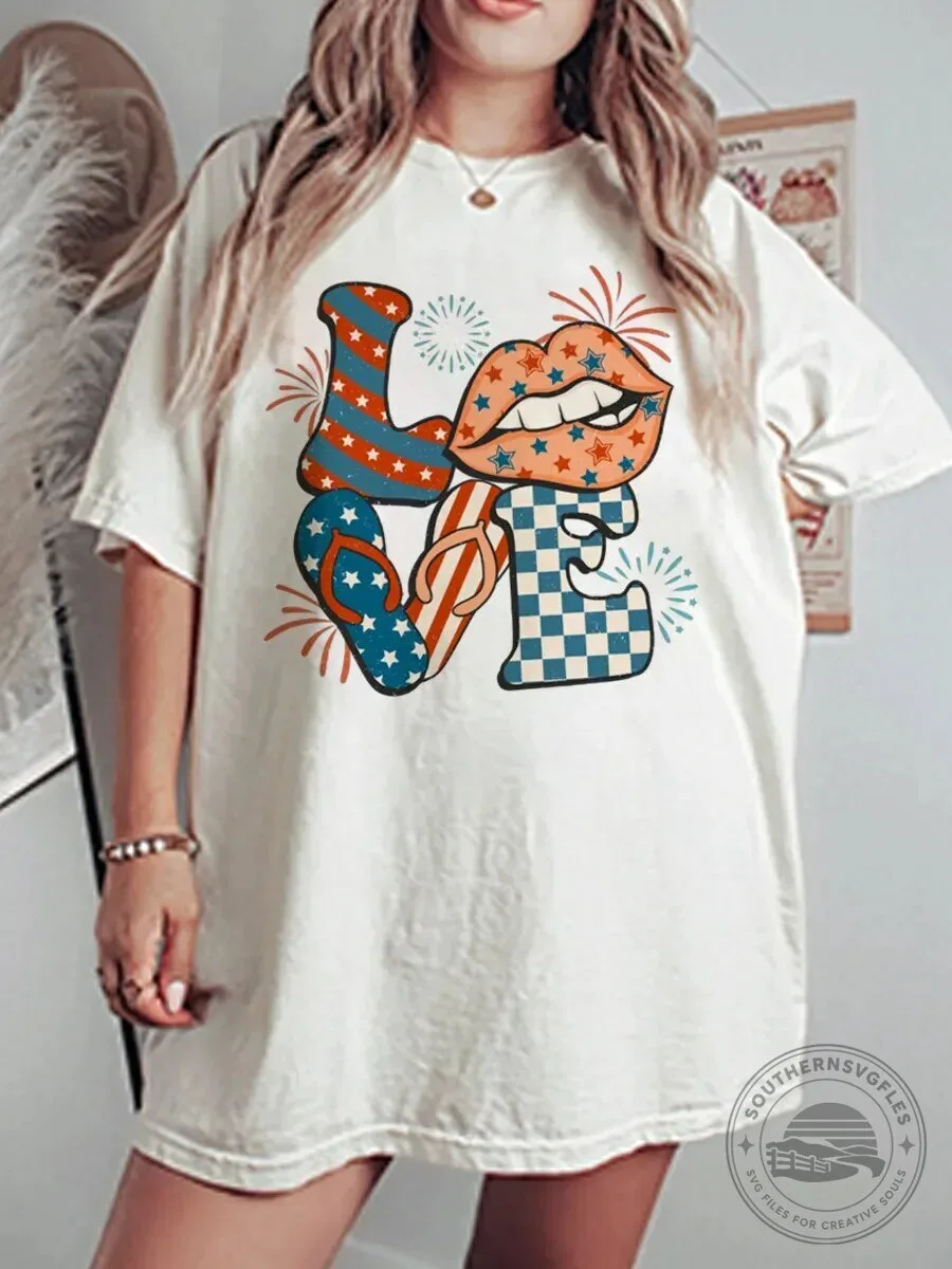 Vintage Happy Fourth Of July Love Graphic Oversized T-Shirt