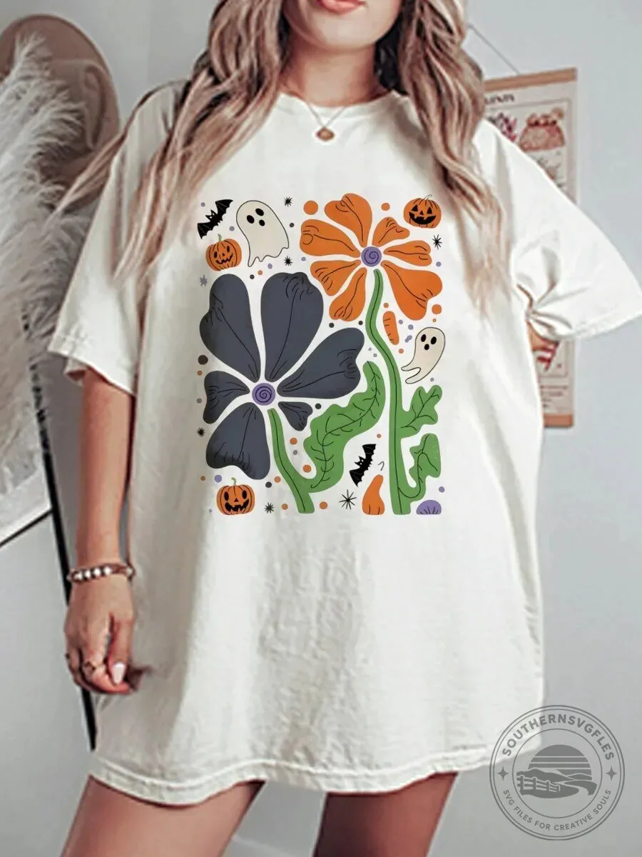Spooky Halloween Ghost and Flower Oversized Graphic T-Shirt