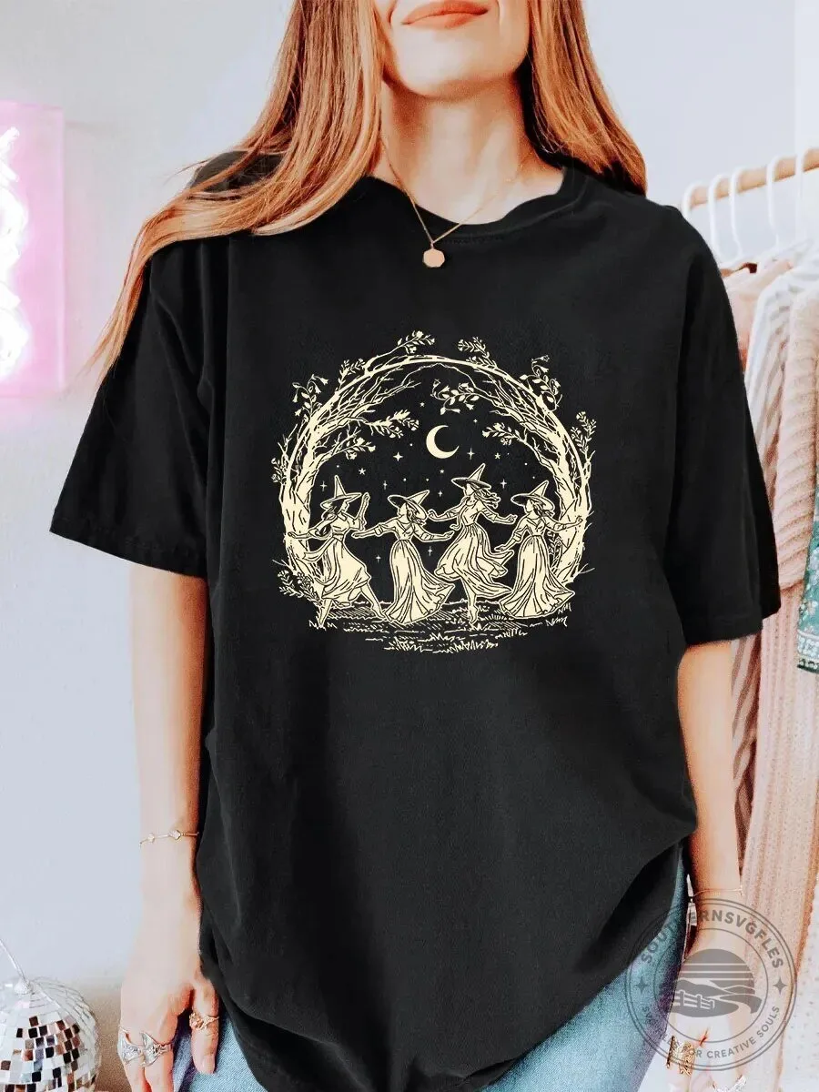 Vintage Witch Dance Circle Crescent Moon Graphic T-Shirt