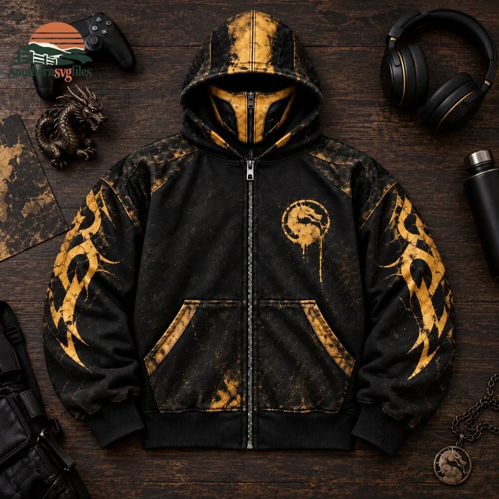 H&M x MORTAL KOMBAT Scorpion With Mask Black Gold Zip Hoodie