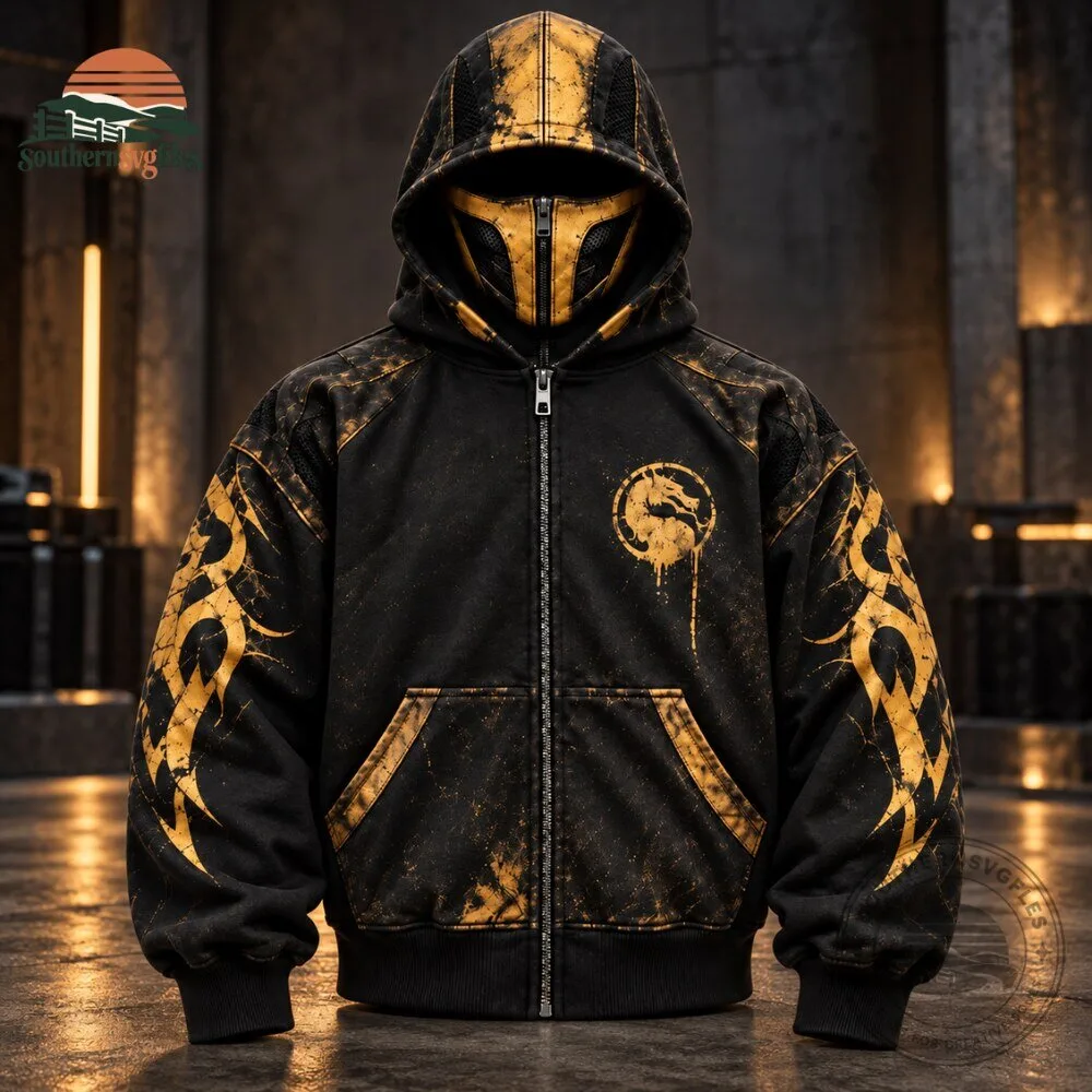 H&M x MORTAL KOMBAT Scorpion With Mask Black Gold Zip Hoodie 7 H&M x MORTAL KOMBAT Scorpion With Mask Black Gold Zip Hoodie