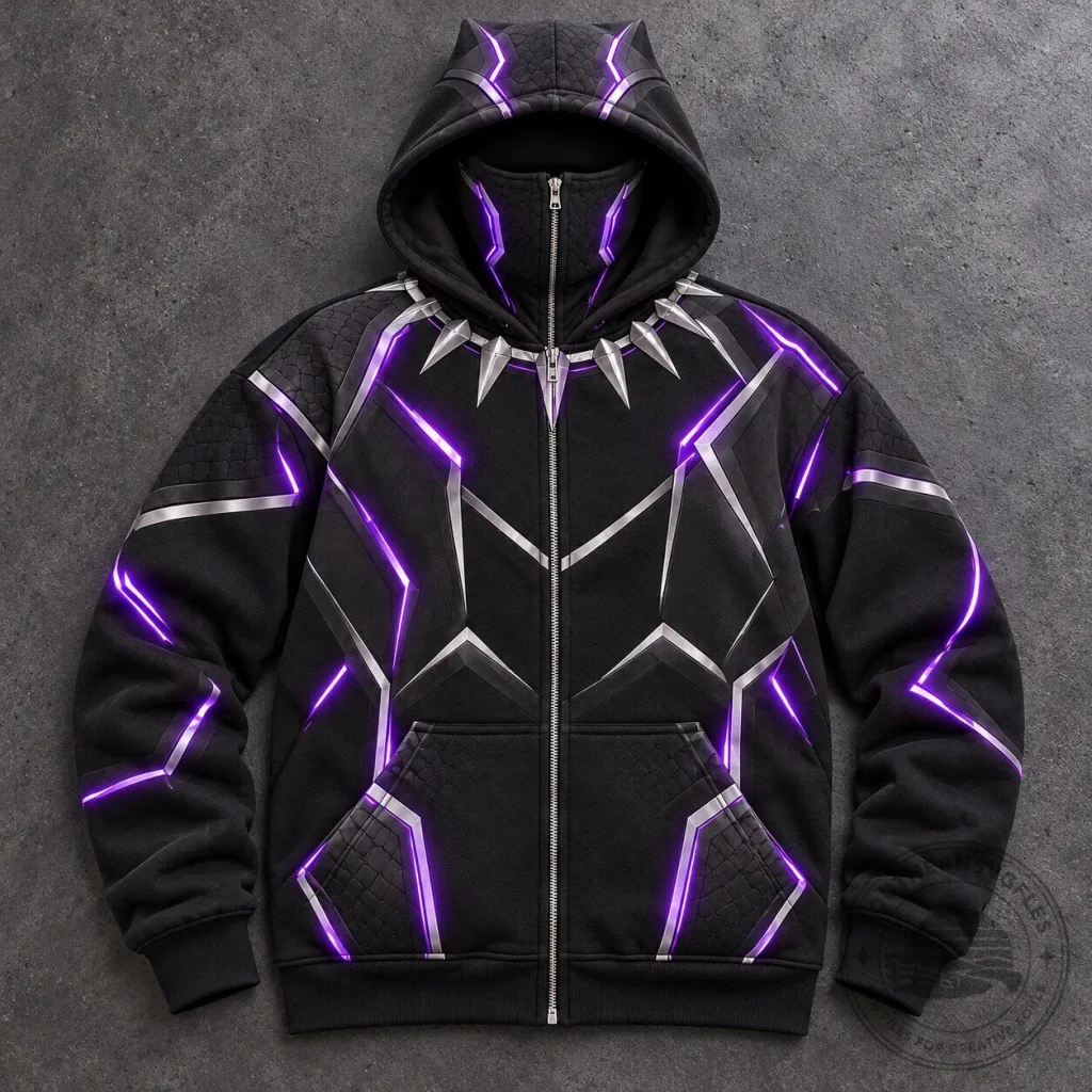 Black Panther-Inspired Black And Purple Balaclava Zip Hoodie Black Panther-Inspired Black And Purple Balaclava Zip Hoodie